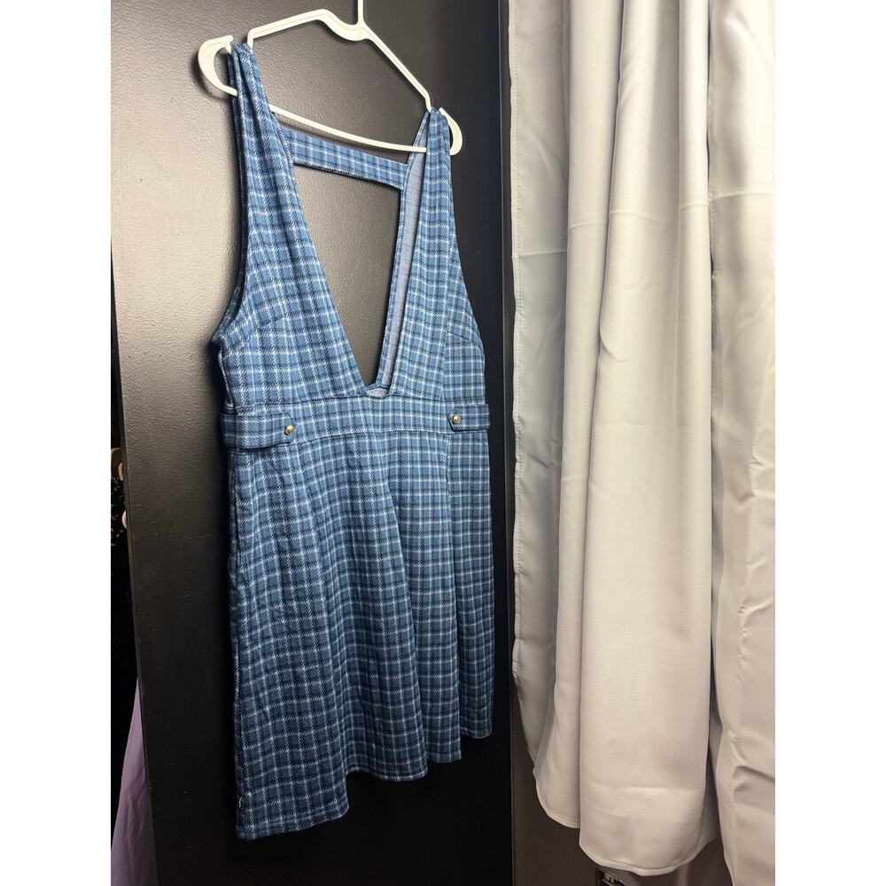 American Eagle It Knit Blue Checkered Pinafore Pleated Mini Dress XL - Picture 3 of 9